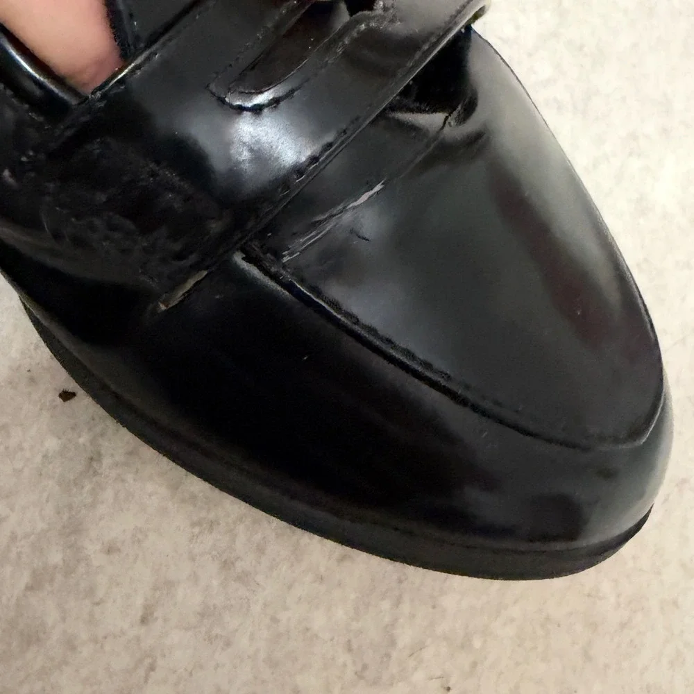 Y2K Heeled Penny Loafers Black Patent Leather Block Heel Shoes 8 Twee Preppy Mod_6